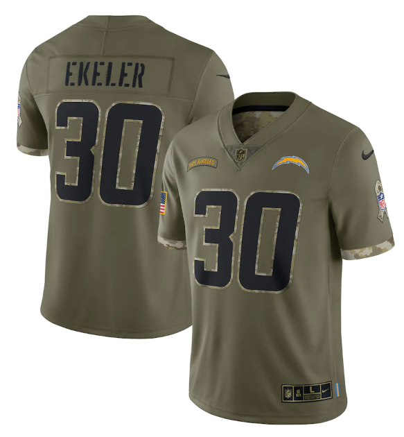 Personalized Men’s Los Angeles Chargers #30 Austin Ekeler Olive 2022 Salute To Service Limited Stitched Jersey