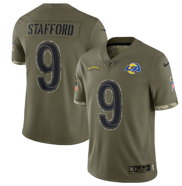 Personalized Men’s Los Angeles Rams #9 Matthew Stafford Olive 2022 Salute To Service Limited Stitched Jersey