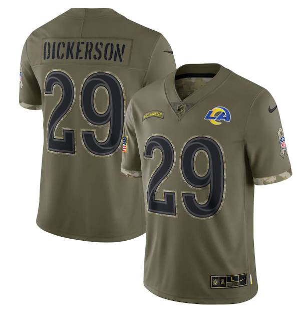 Personalized Men’s Los Angeles Rams #29 Eric Dickerson Olive 2022 Salute To Service Limited Stitched Jersey