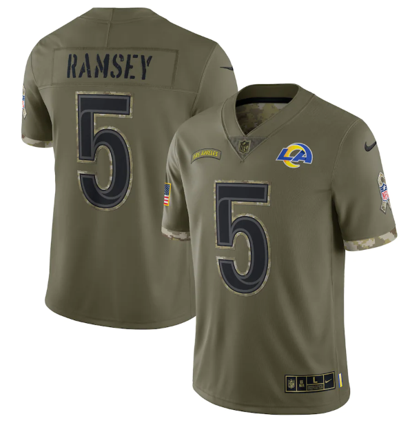 Personalized Men’s Los Angeles Rams #5 Jalen Ramsey Olive 2022 Salute To Service Limited Stitched Jersey