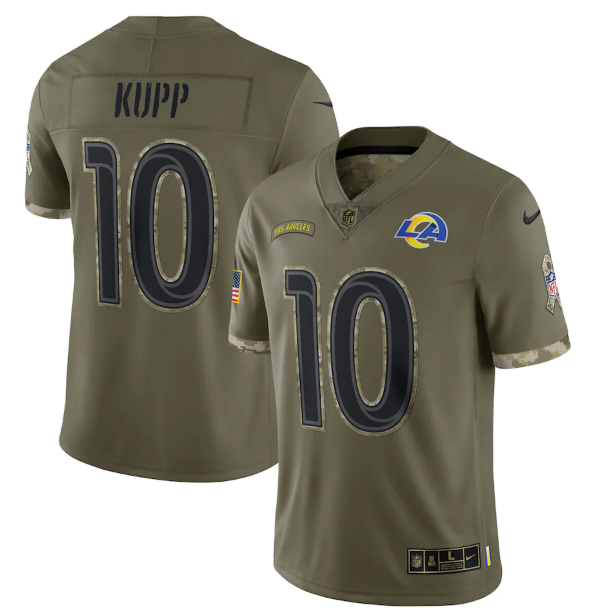 Personalized Men’s Los Angeles Rams #10 Cooper Kupp Olive 2022 Salute To Service Limited Stitched Jersey