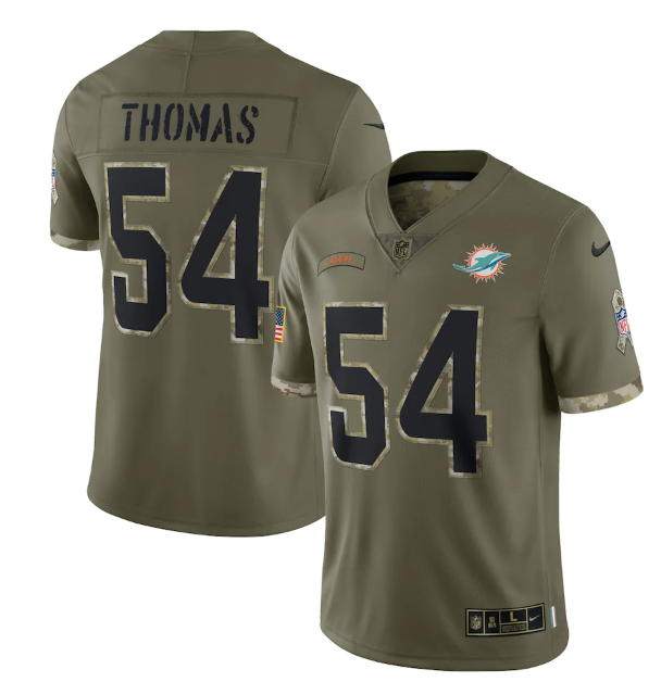 Personalized Men’s Miami Dolphins #54 Zach Thomas Olive 2022 Salute To Service Limited Stitched Jersey