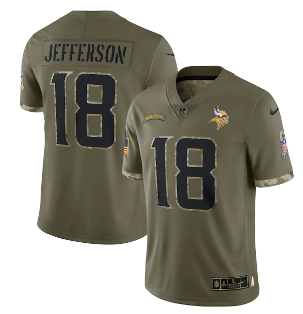 Personalized Men’s Minnesota Vikings #18 Justin Jefferson Olive 2022 Salute To Service Limited Stitched Jersey