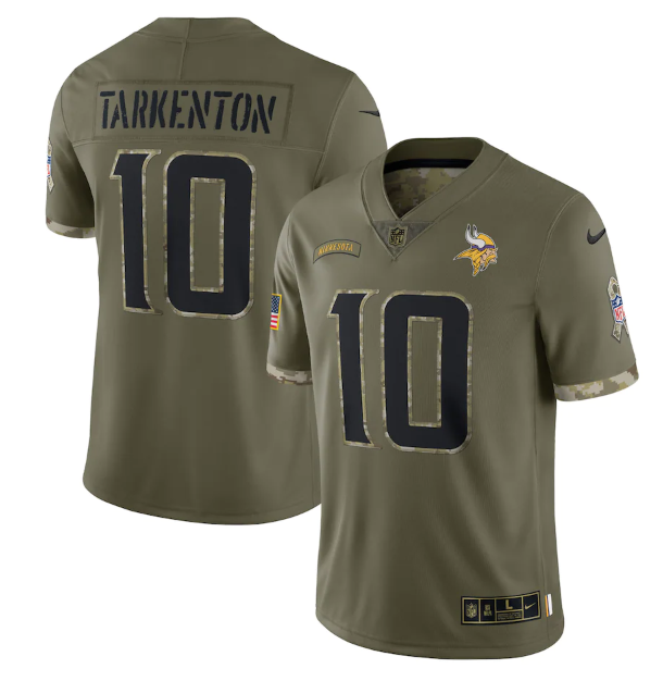 Personalized Men’s Minnesota Vikings #10 Fran Tarkenton Olive 2022 Salute To Service Limited Stitched Jersey
