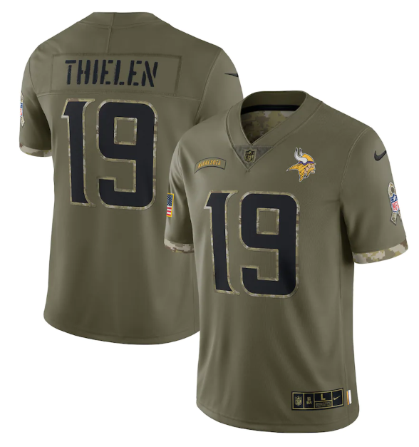 Personalized Men’s Minnesota Vikings #19 Adam Thielen Olive 2022 Salute To Service Limited Stitched Jersey