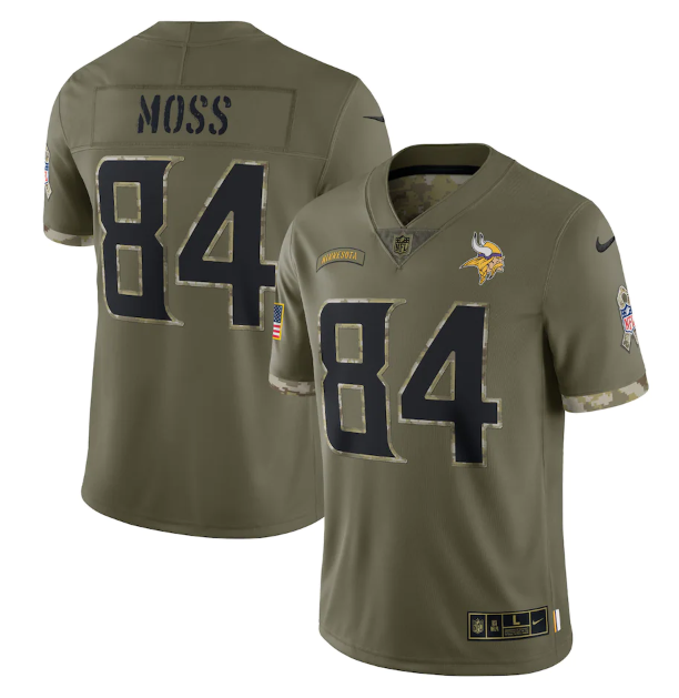 Personalized Men’s Minnesota Vikings #84 Randy Moss Olive 2022 Salute To Service Limited Stitched Jersey