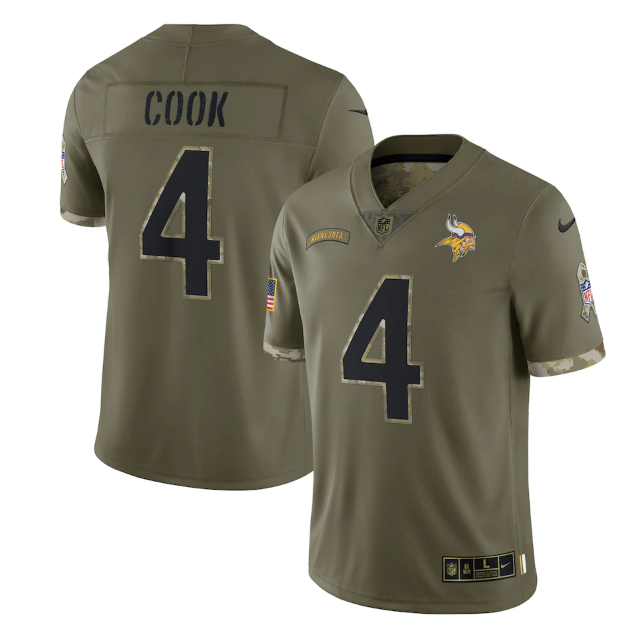 Personalized Men’s Minnesota Vikings #4 Dalvin Cook Olive 2022 Salute To Service Limited Stitched Jersey