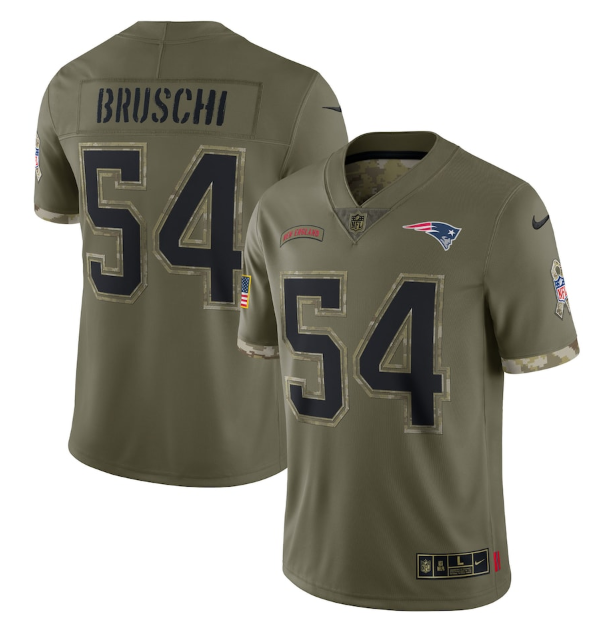 Personalized Men’s New England Patriots #54 Tedy Bruschi Olive 2022 Salute To Service Limited Stitched Jersey