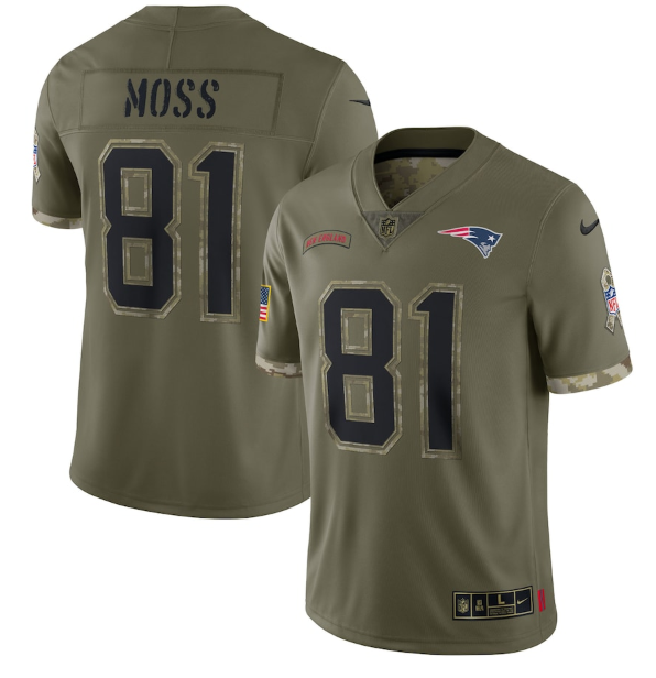 Personalized Men’s New England Patriots #81 Randy Moss Olive 2022 Salute To Service Limited Stitched Jersey