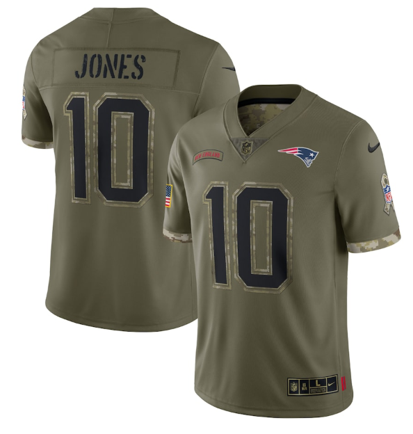 Personalized Men’s New England Patriots #10 Mac Jones Olive 2022 Salute To Service Limited Stitched Jersey