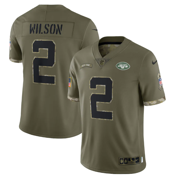Personalized Men’s New York Jets #2 Zach Wilson Olive 2022 Salute To Service Limited Stitched Jersey