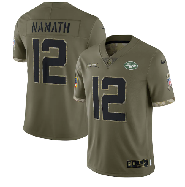 Personalized Men’s New York Jets #12 Joe Namath Olive 2022 Salute To Service Limited Stitched Jersey