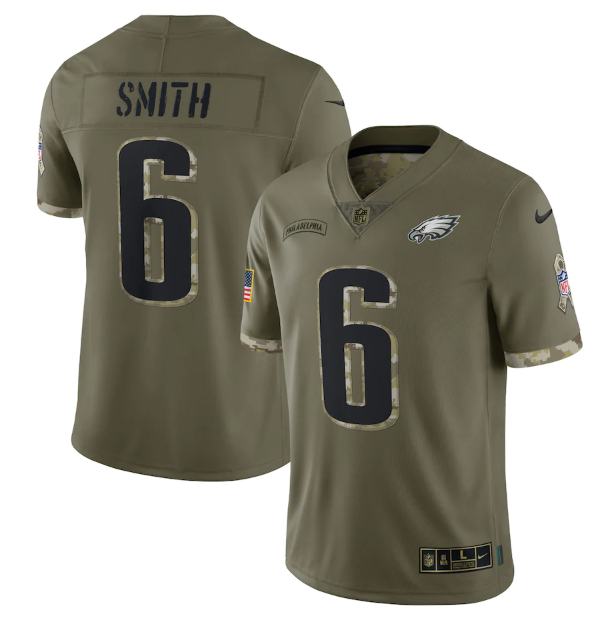 Personalized Men’s Philadelphia Eagles #6 DeVonta Smith Olive 2022 Salute To Service Limited Stitched Jersey