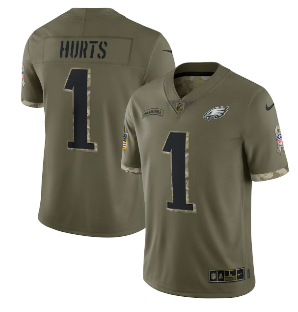 Personalized Men’s Philadelphia Eagles #1 Jalen Hurts Olive 2022 Salute To Service Limited Stitched Jersey