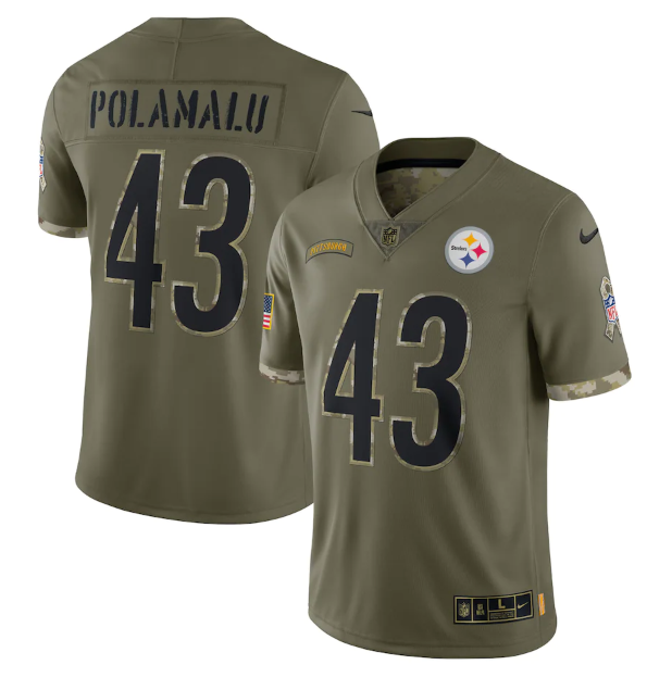 Personalized Men’s Pittsburgh Steelers #43 Troy Polamalu Olive 2022 Salute To Service Limited Stitched Jersey
