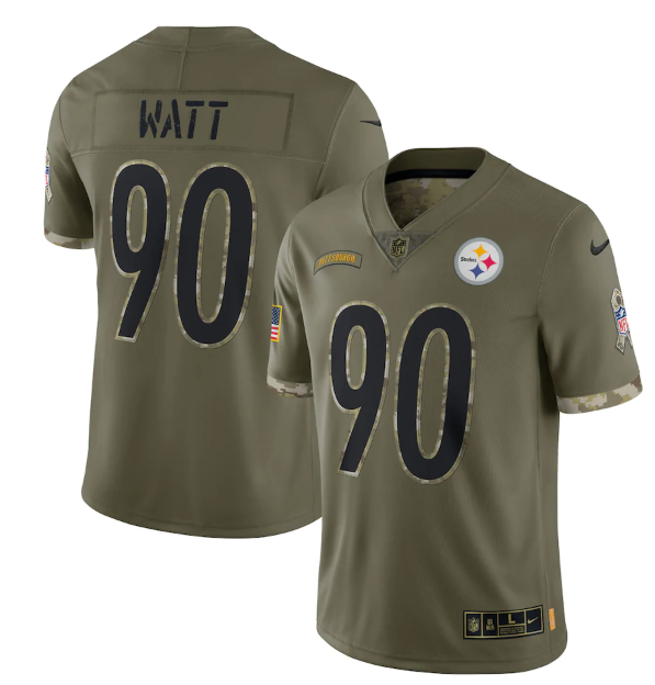 Personalized Men’s Pittsburgh Steelers #90 T. J. Watt Olive 2022 Salute To Service Limited Stitched Jersey