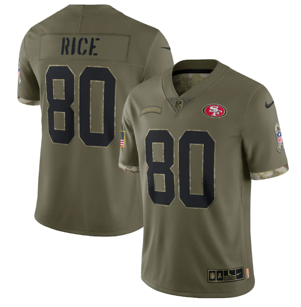Personalized Men’s San Francisco 49ers #80 Jerry Rice Olive 2022 Salute To Service Limited Stitched Jersey