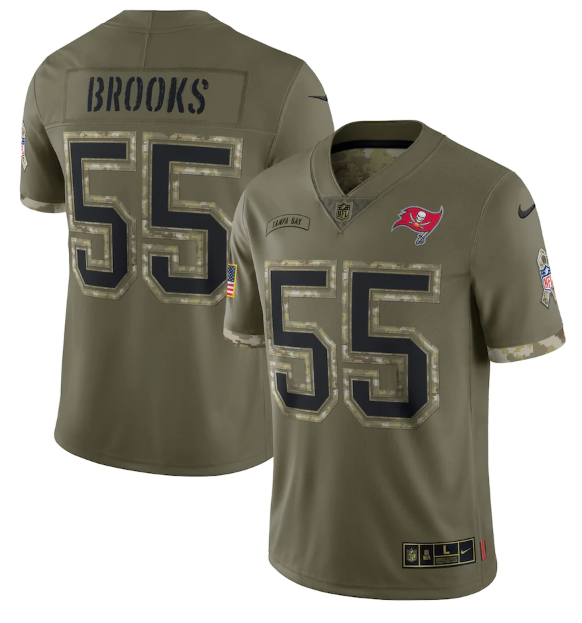 Personalized Men’s Tampa Bay Buccaneers #55 Derrick Brooks Olive 2022 Salute To Service Limited Stitched Jersey