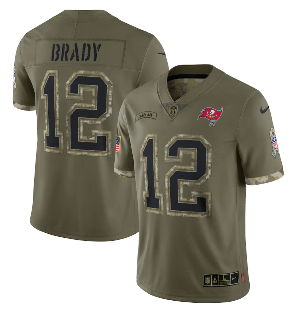 Personalized Men’s Tampa Bay Buccaneers #12 Tom Brady Olive 2022 Salute To Service Limited Stitched Jersey