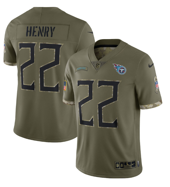 Personalized Men’s Tennessee Titans #22 Derrick Henry Olive 2022 Salute To Service Limited Stitched Jersey