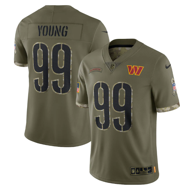 Personalized Men’s Washington Commanders #99 Chase Young Olive 2022 Salute To Service Limited Stitched Jersey