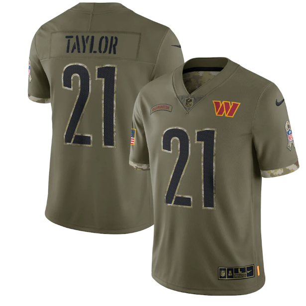 Personalized Men’s Washington Commanders #21 Sean Taylor Olive 2022 Salute To Service Limited Stitched Jersey
