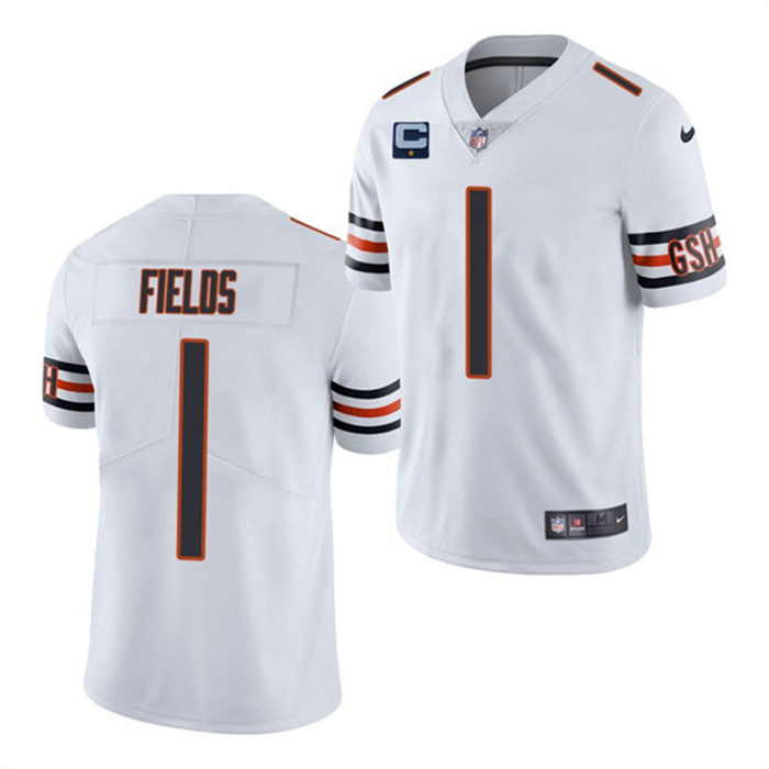 Personalized Men’s Chicago Bears #1 Justin Fields 2022 White With 1-Star C Patch Untouchable Limited Stitched Jersey