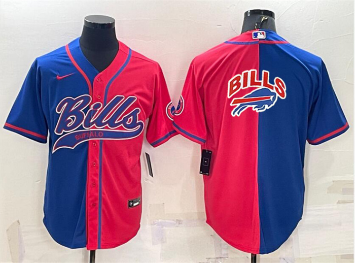 Personalized Men’s Buffalo Bills Blank Royal Red Split Team Big Logo With Patch Cool Base Stitched Baseball Jersey