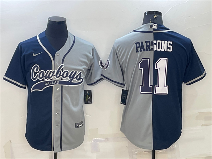 Personalized Men’s Dallas Cowboys #11 Micah Parsons Navy Grey Split With Patch Cool Base Stitched Baseball Jersey