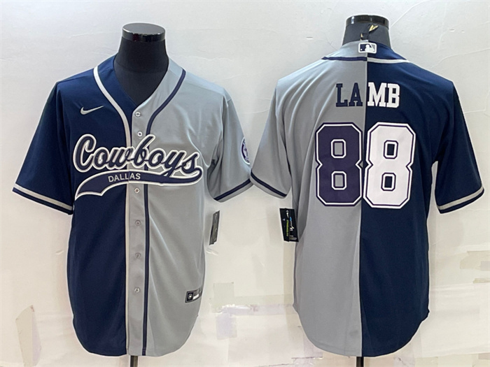 Personalized Men’s Dallas Cowboys #88 CeeDee Lamb Navy Grey Split With Patch Cool Base Stitched Baseball Jersey