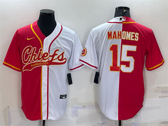 Personalized Men’s Kansas City Chiefs #15 Patrick Mahomes Red White Split With Patch Cool Base Stitched Baseball Jersey