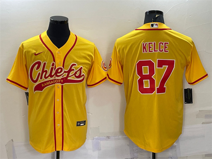 Personalized Men’s Kansas City Chiefs #87 Travis Kelce Gold With Patch Cool Base Stitched Baseball Jersey